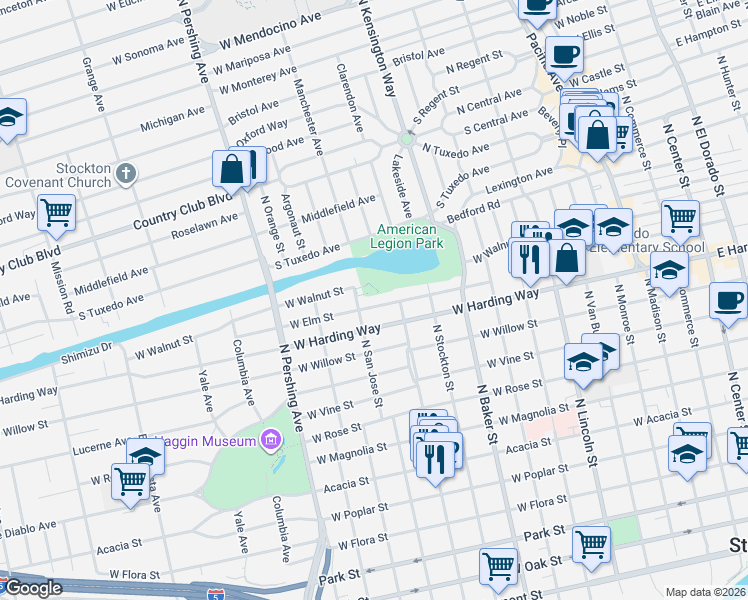 map of restaurants, bars, coffee shops, grocery stores, and more near 1101 West Walnut Street in Stockton