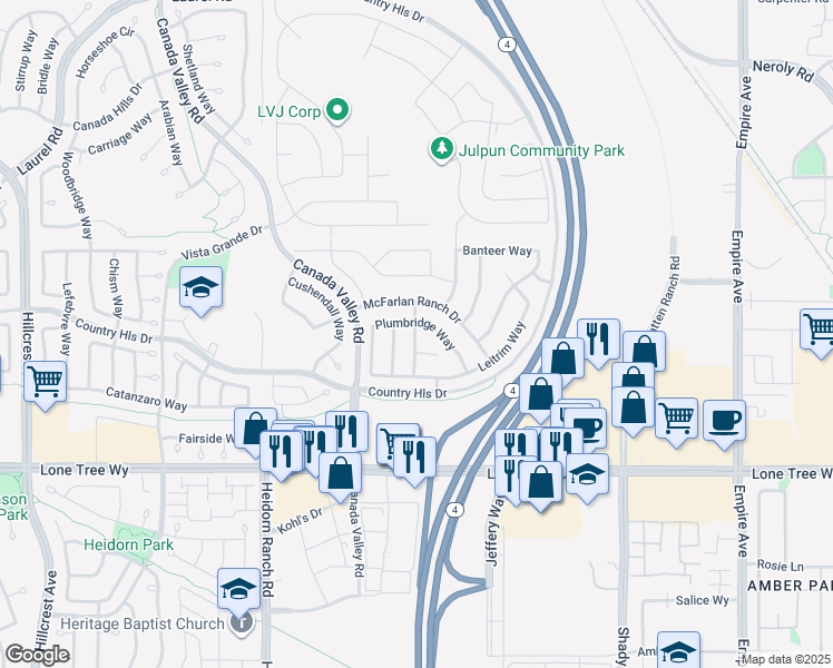 map of restaurants, bars, coffee shops, grocery stores, and more near 4865 Foxford Way in Antioch