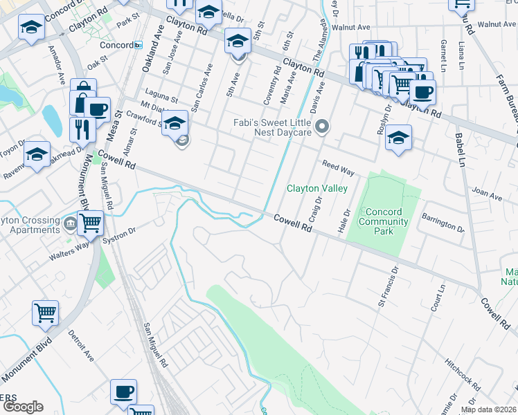 map of restaurants, bars, coffee shops, grocery stores, and more near 3225 Cowell Road in Concord
