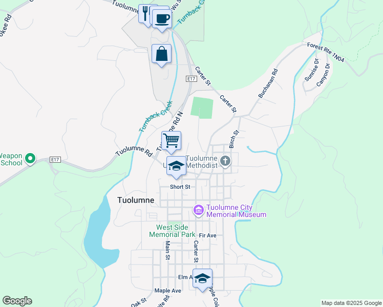 map of restaurants, bars, coffee shops, grocery stores, and more near Pine St in Tuolumne