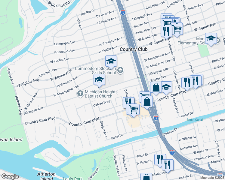 map of restaurants, bars, coffee shops, grocery stores, and more near 2900 Kirk Avenue in Stockton