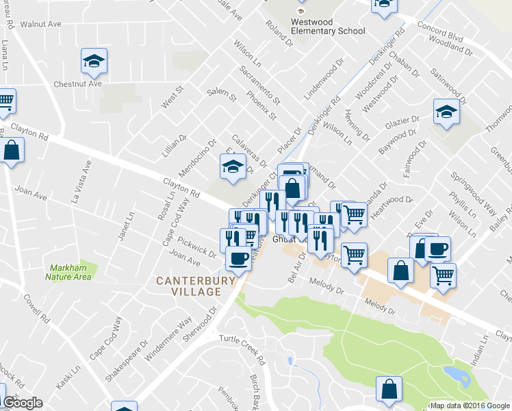 map of restaurants, bars, coffee shops, grocery stores, and more near Concord Court in Concord