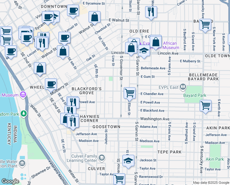 map of restaurants, bars, coffee shops, grocery stores, and more near 779 South Governor Street in Evansville