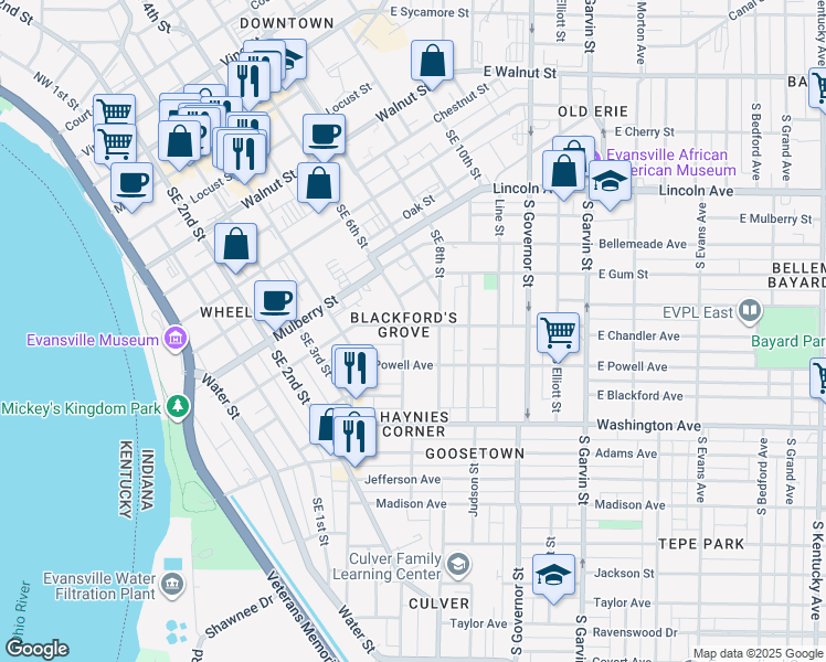 map of restaurants, bars, coffee shops, grocery stores, and more near 749-799 Southeast 6th Street in Evansville
