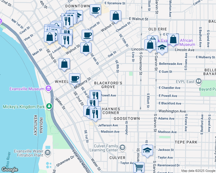 map of restaurants, bars, coffee shops, grocery stores, and more near 749-799 Southeast 6th Street in Evansville