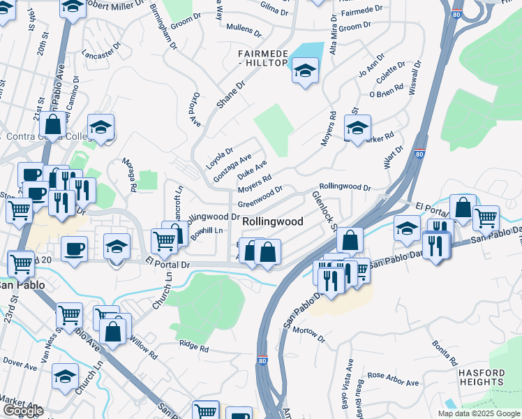 map of restaurants, bars, coffee shops, grocery stores, and more near 2921 Rollingwood Drive in San Pablo