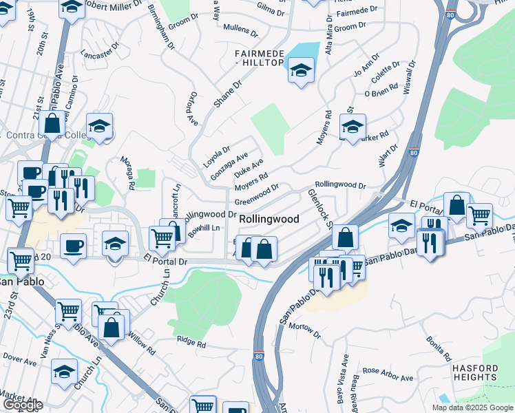 map of restaurants, bars, coffee shops, grocery stores, and more near 2921 Rollingwood Drive in San Pablo