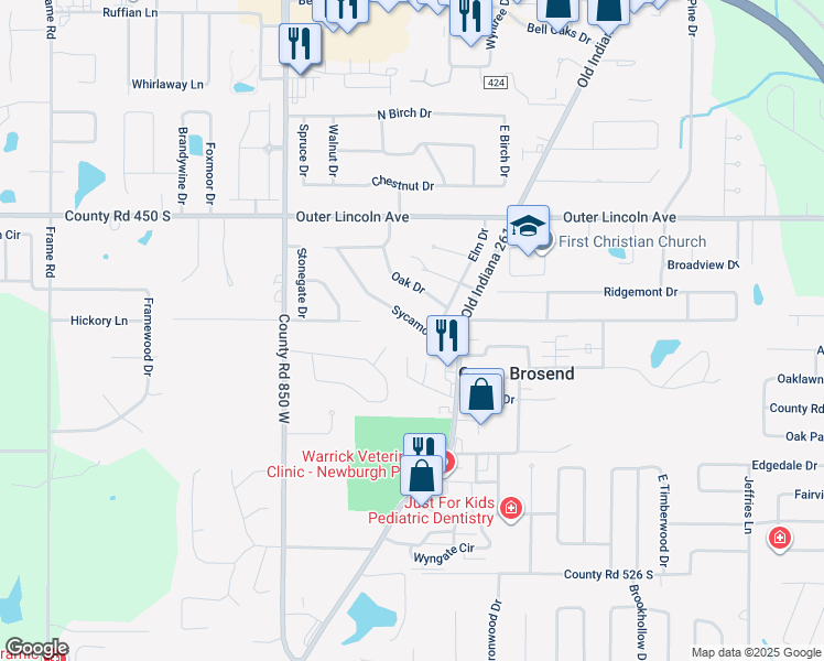 map of restaurants, bars, coffee shops, grocery stores, and more near 8277-8311 County Road 480 South in Newburgh
