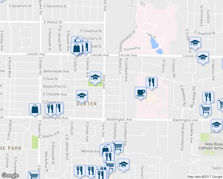 map of restaurants, bars, coffee shops, grocery stores, and more near 3219 Bayard Park Drive in Evansville