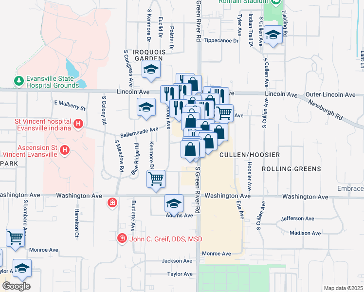 map of restaurants, bars, coffee shops, grocery stores, and more near 757 South Green River Road in Evansville
