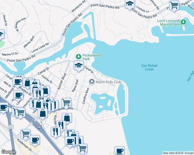 map of restaurants, bars, coffee shops, grocery stores, and more near 2 Salem Cove in San Rafael