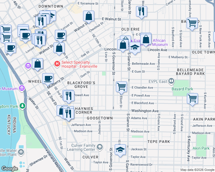 map of restaurants, bars, coffee shops, grocery stores, and more near 779 South Governor Street in Evansville