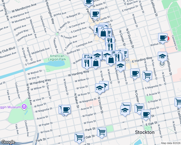 map of restaurants, bars, coffee shops, grocery stores, and more near 505 West Harding Way in Stockton