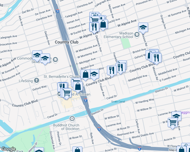 map of restaurants, bars, coffee shops, grocery stores, and more near 2420 Oxford Way in Stockton