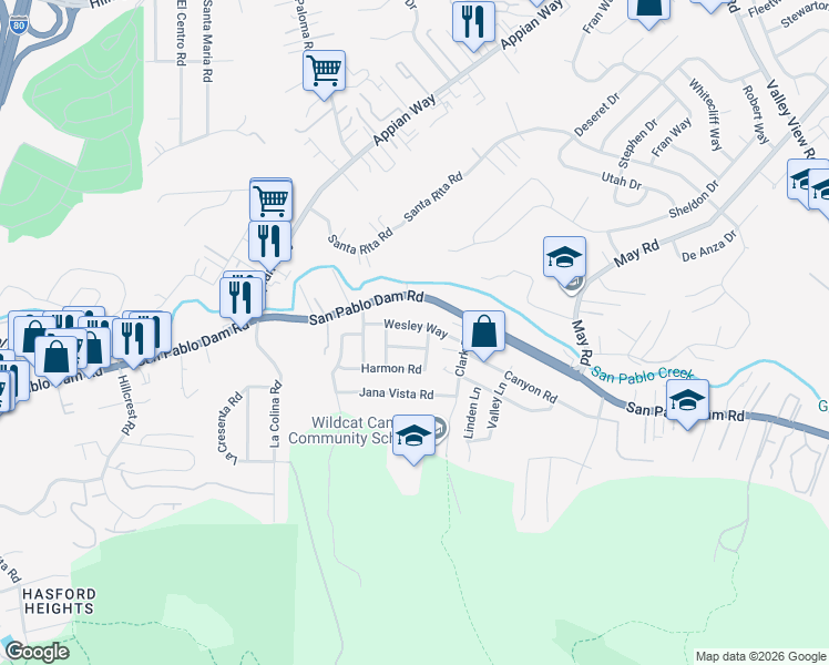 map of restaurants, bars, coffee shops, grocery stores, and more near 4370 Wesley Way in El Sobrante