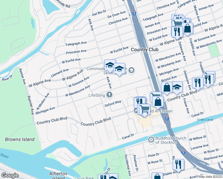 map of restaurants, bars, coffee shops, grocery stores, and more near 2900 Kirk Avenue in Stockton