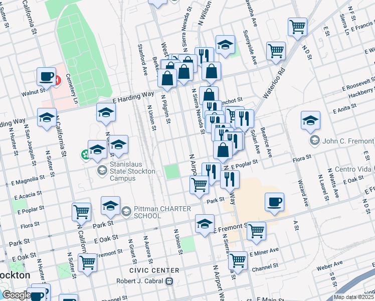 map of restaurants, bars, coffee shops, grocery stores, and more near 1224 East Roosevelt Street in Stockton