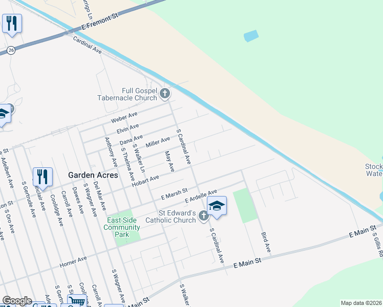 map of restaurants, bars, coffee shops, grocery stores, and more near 5411 Washington Street in Stockton