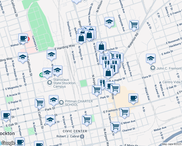map of restaurants, bars, coffee shops, grocery stores, and more near 1224 East Roosevelt Street in Stockton