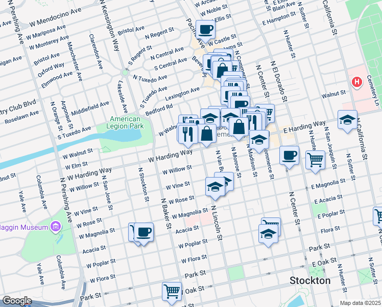 map of restaurants, bars, coffee shops, grocery stores, and more near 505 West Harding Way in Stockton