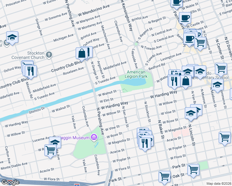 map of restaurants, bars, coffee shops, grocery stores, and more near 1129 West Walnut Street in Stockton