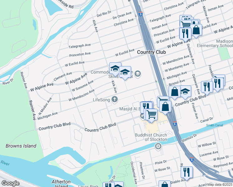 map of restaurants, bars, coffee shops, grocery stores, and more near 3006 West Monterey Avenue in Stockton