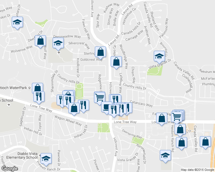map of restaurants, bars, coffee shops, grocery stores, and more near 5025 Crestpark Circle in Antioch