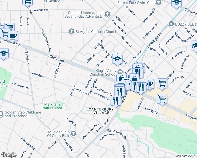 map of restaurants, bars, coffee shops, grocery stores, and more near 4110 Clayton Road in Concord