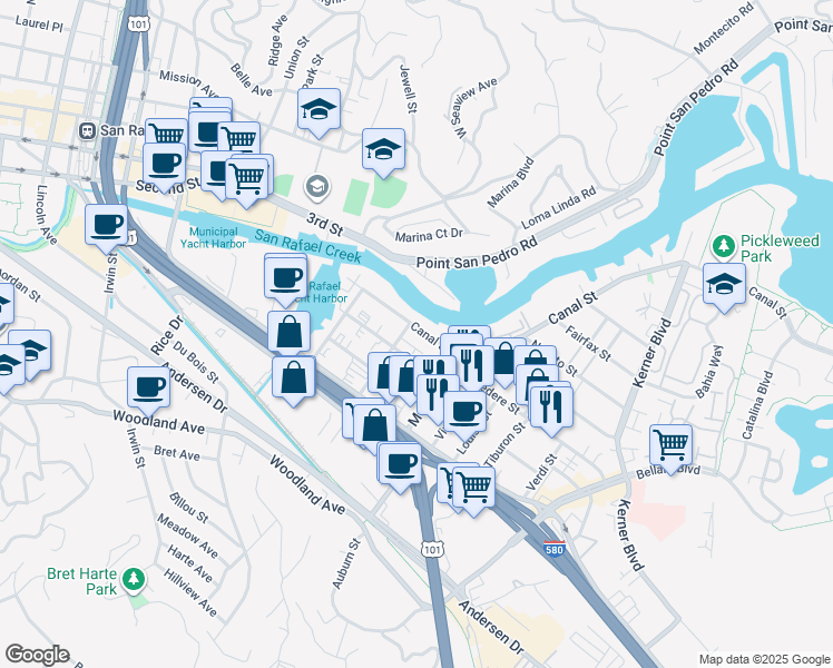map of restaurants, bars, coffee shops, grocery stores, and more near 460 Canal Street in San Rafael