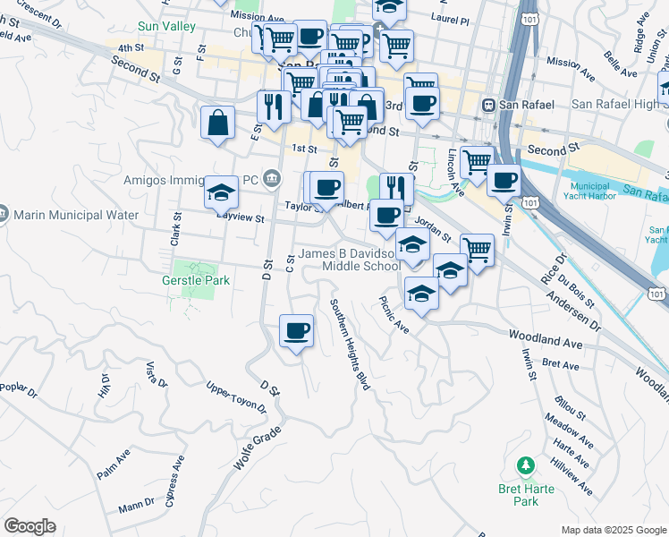 map of restaurants, bars, coffee shops, grocery stores, and more near 25 Octavia Street in San Rafael