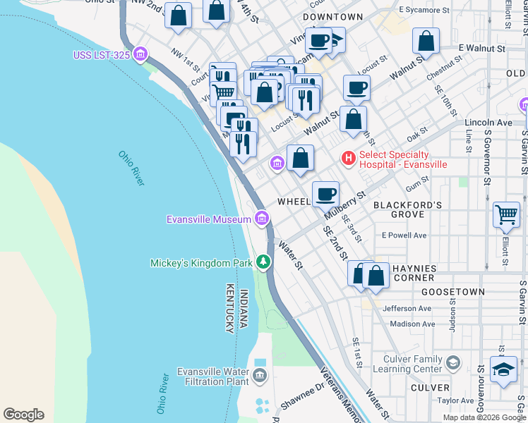map of restaurants, bars, coffee shops, grocery stores, and more near 314 Southeast Riverside Drive in Evansville