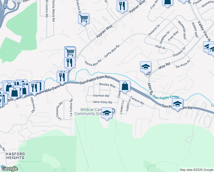 map of restaurants, bars, coffee shops, grocery stores, and more near 4370 Wesley Way in El Sobrante