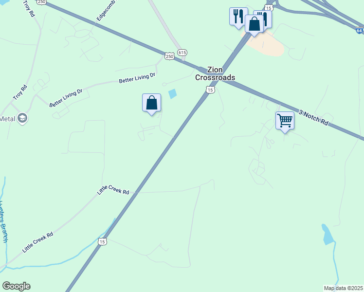 map of restaurants, bars, coffee shops, grocery stores, and more near 21452 James Madison Highway in Troy