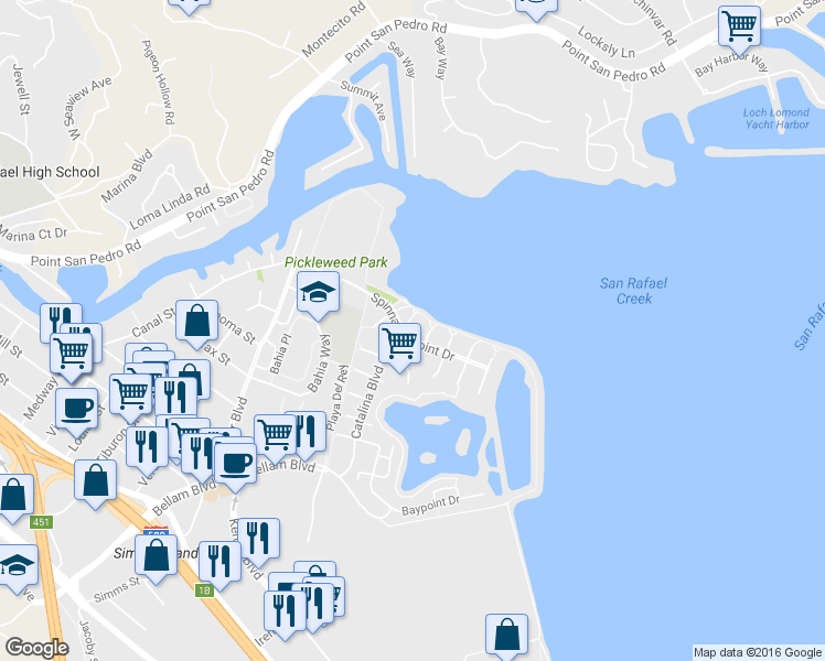 map of restaurants, bars, coffee shops, grocery stores, and more near 6 Salem Cove in San Rafael
