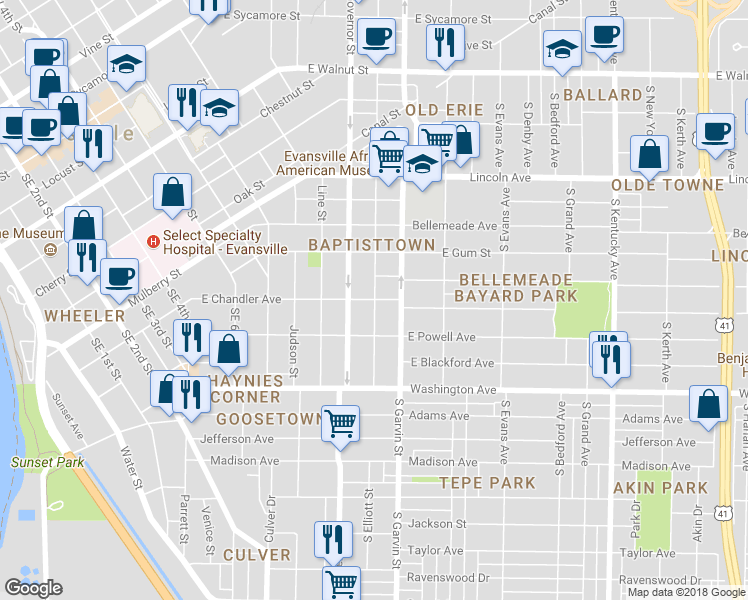 map of restaurants, bars, coffee shops, grocery stores, and more near 499 East Chandler Avenue in Evansville