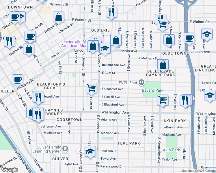 map of restaurants, bars, coffee shops, grocery stores, and more near 616 East Chandler Avenue in Evansville