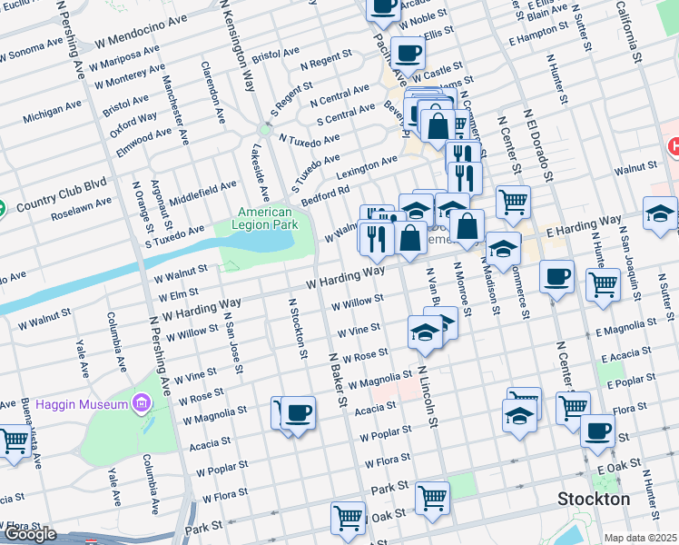 map of restaurants, bars, coffee shops, grocery stores, and more near 1507 North Edison Street in Stockton