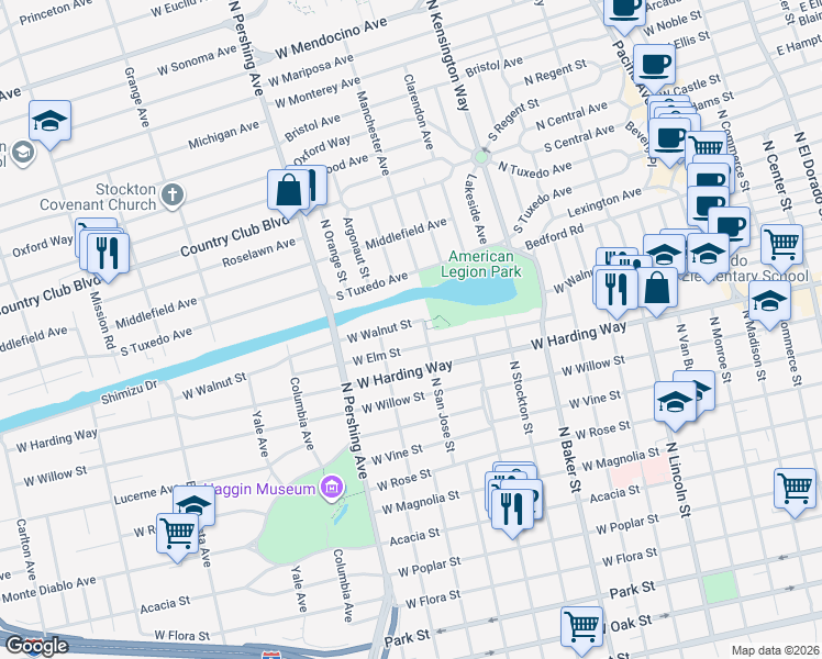 map of restaurants, bars, coffee shops, grocery stores, and more near 1129 West Walnut Street in Stockton