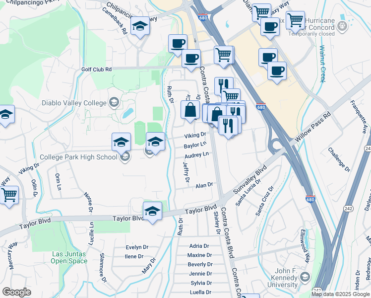 map of restaurants, bars, coffee shops, grocery stores, and more near 77 Baylor Lane in Pleasant Hill