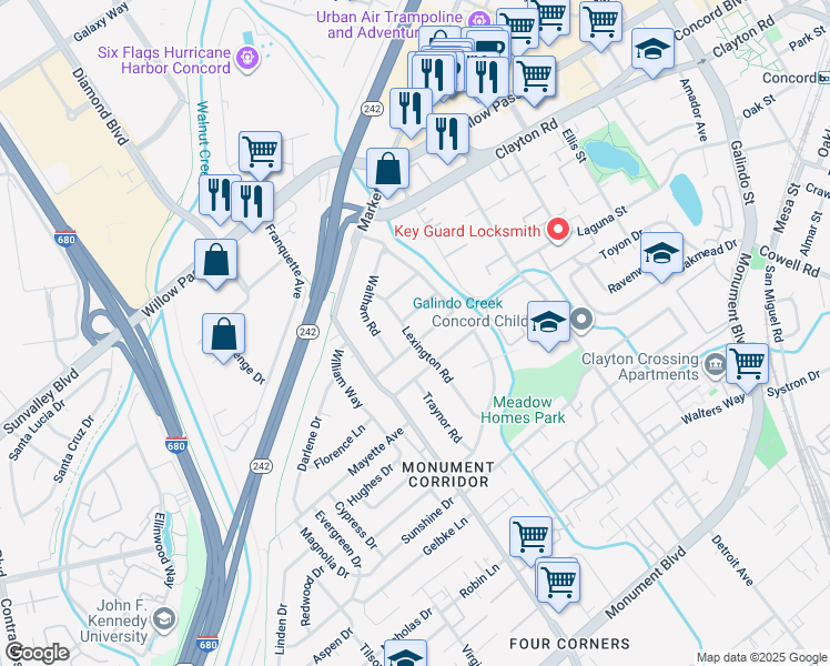 map of restaurants, bars, coffee shops, grocery stores, and more near 1500 Lexington Road in Concord