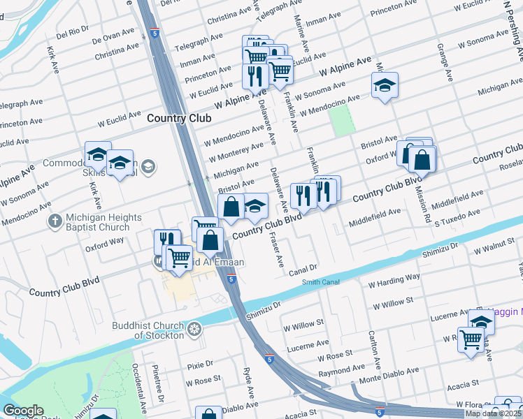map of restaurants, bars, coffee shops, grocery stores, and more near 2302 Oxford Way in Stockton