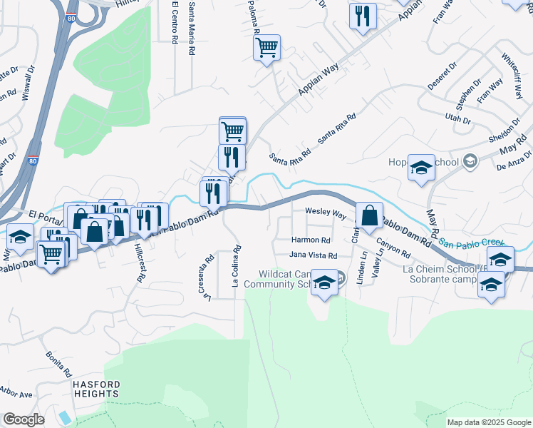 map of restaurants, bars, coffee shops, grocery stores, and more near 4230 San Pablo Dam Road in El Sobrante