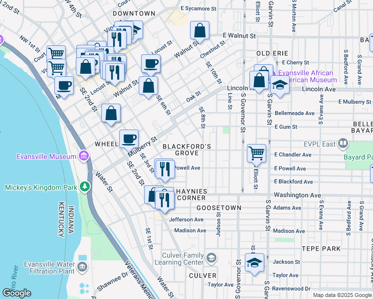 map of restaurants, bars, coffee shops, grocery stores, and more near 799 Southeast 6th Street in Evansville