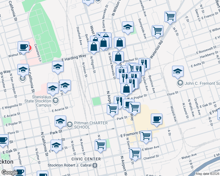 map of restaurants, bars, coffee shops, grocery stores, and more near 1330 East Roosevelt Street in Stockton