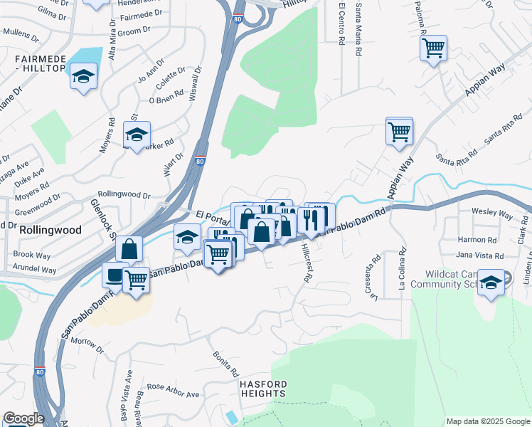 map of restaurants, bars, coffee shops, grocery stores, and more near 3764 Vía Verdi in Richmond