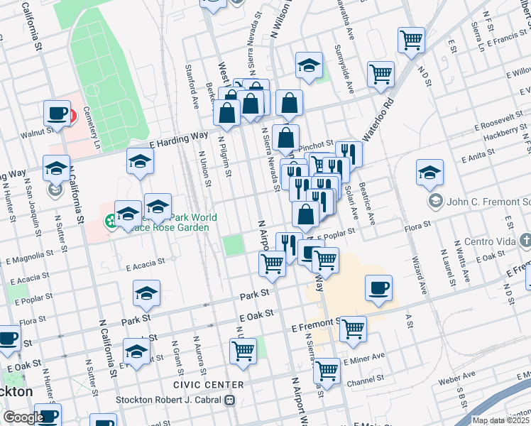 map of restaurants, bars, coffee shops, grocery stores, and more near 1330 East Roosevelt Street in Stockton