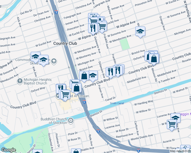 map of restaurants, bars, coffee shops, grocery stores, and more near 2302 Oxford Way in Stockton