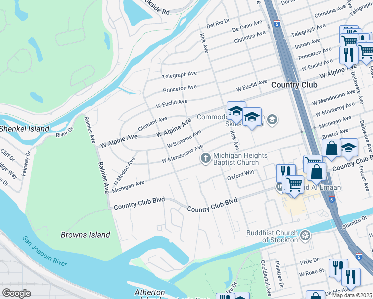 map of restaurants, bars, coffee shops, grocery stores, and more near 3226 West Sonoma Avenue in Stockton