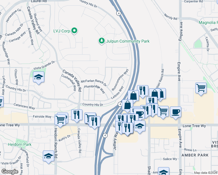 map of restaurants, bars, coffee shops, grocery stores, and more near 5612 Monaghan Way in Antioch