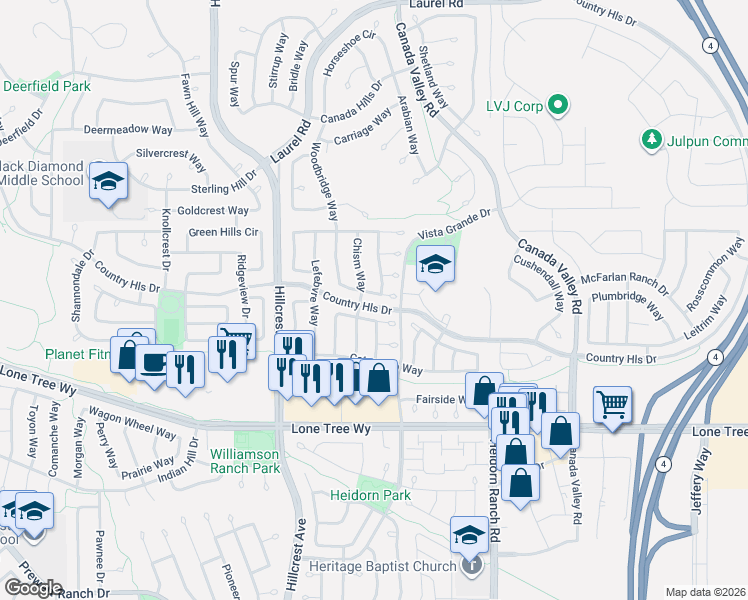 map of restaurants, bars, coffee shops, grocery stores, and more near 5015 Brookcrest Way in Antioch